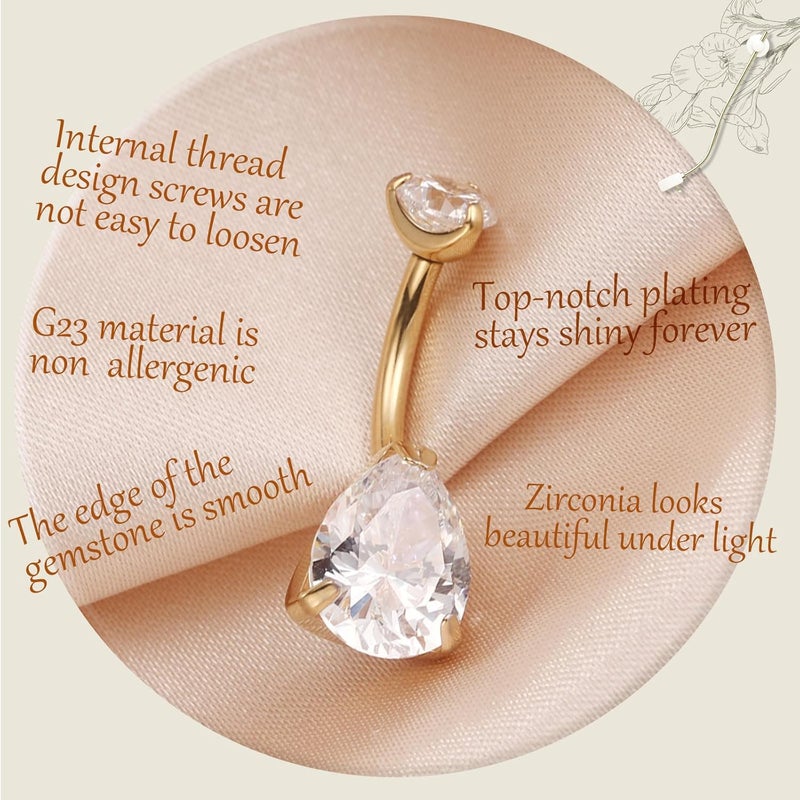 AROWRO Store Gold Belly Button Ring G23 Titanium Hypoallergenic 14G belly ring for Women Men Teardrop Navel Piercing Jewelry 10mm Barbell With Cubic Zircon - Image 2